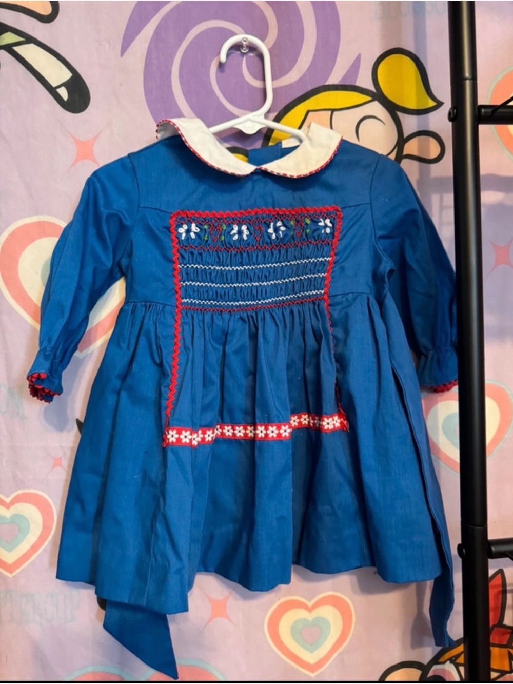 Blue Smocked Long-Sleeve Girls' Dress with White Peter Pan Collar